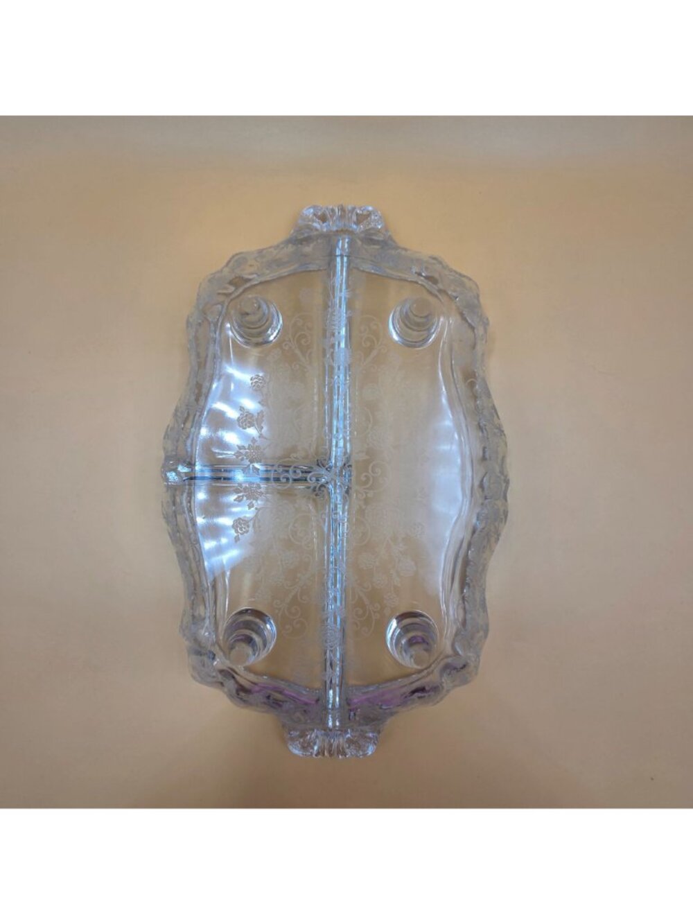 Cambridge Glass 3500/64 Elaine Etch Clear 3 Part Relish Dish 4 Toed - Picture 4 of 10